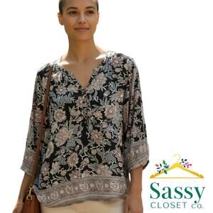 Lucky Brand Black Floral Henley Top – Gray & Pink Print, Likely L/XL, EUC